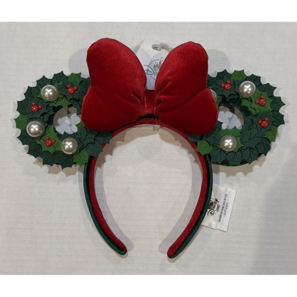 Disney Minnie Mouse Wreath Ears Christmas Headband Red Bow Beaded Green 2025 NWT